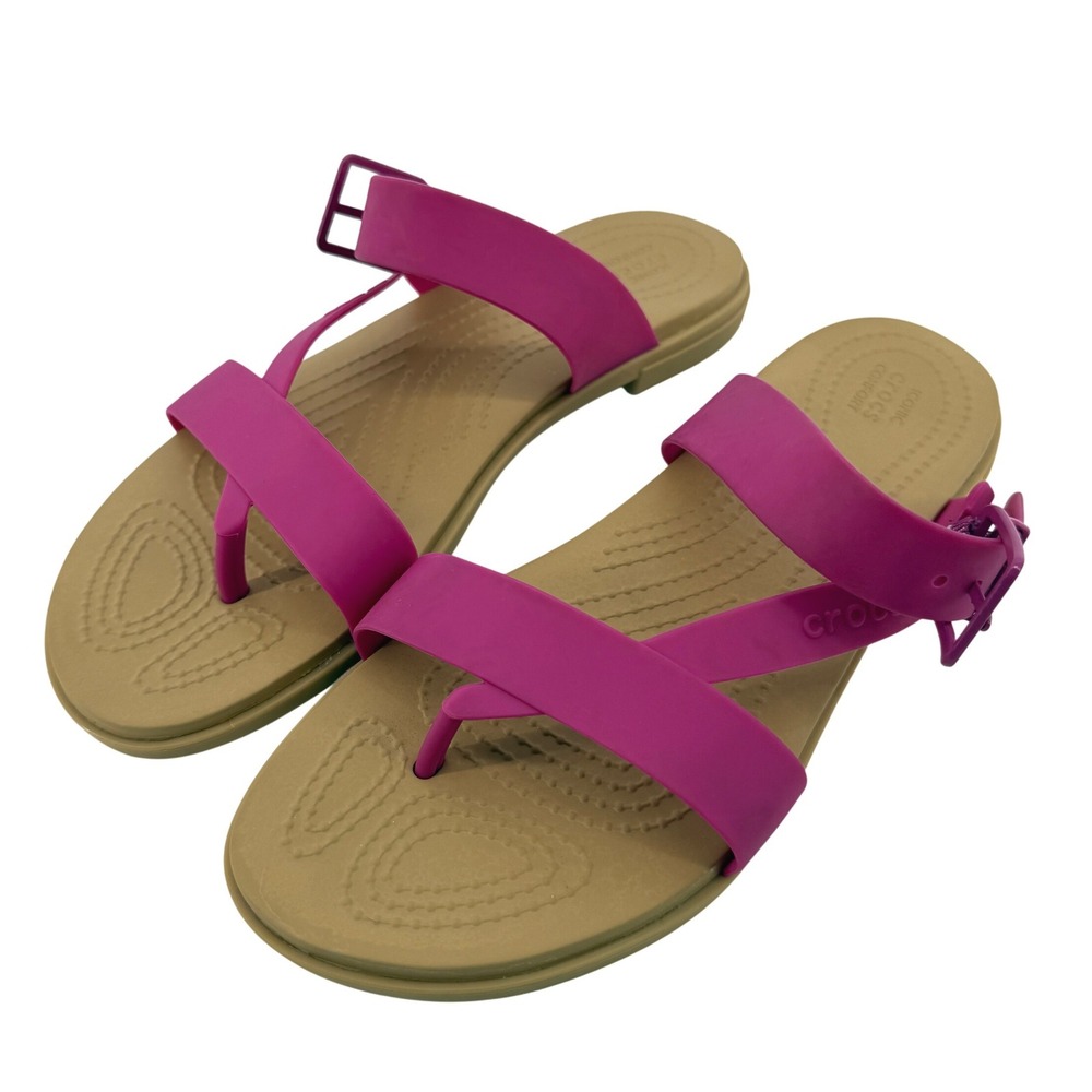 Crocs Tulum Toe Post Sandal Flip Flop Fuchsia Pink Tan Women 8 Buckle Straps